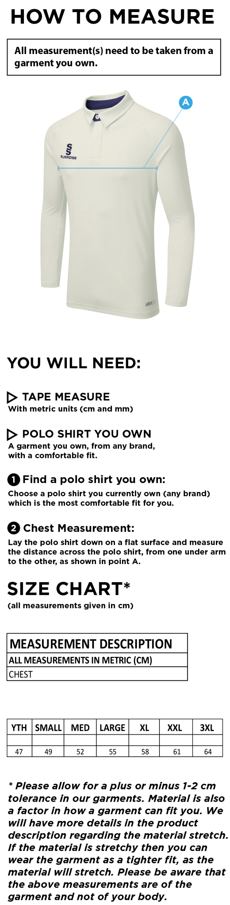 Kingsclere CC - Long Sleeved Tek Shirt - Size Guide