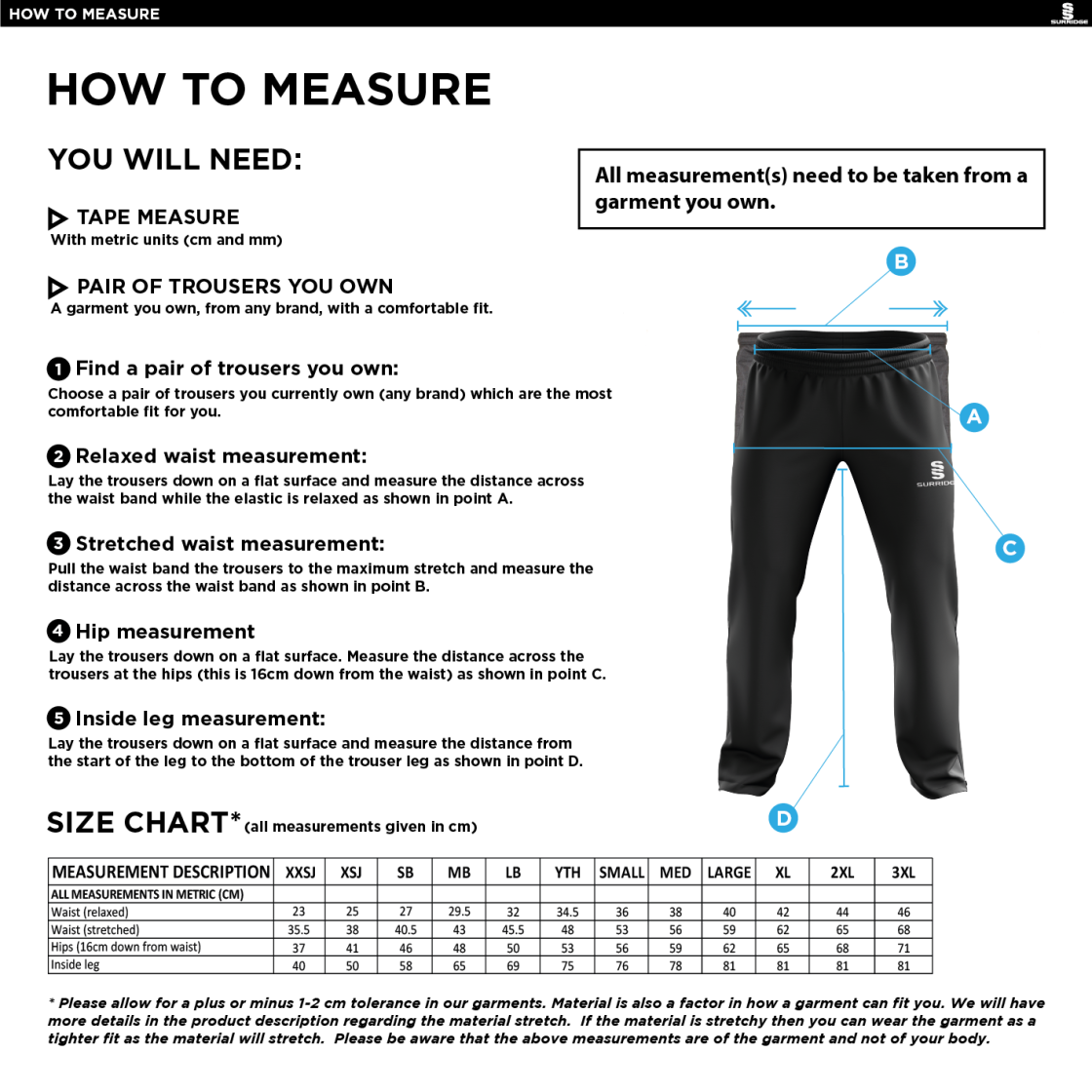 KINGSCLERE CC Classic Tracksuit Pant 3/4 Zip Length Navy Mens - Size Guide