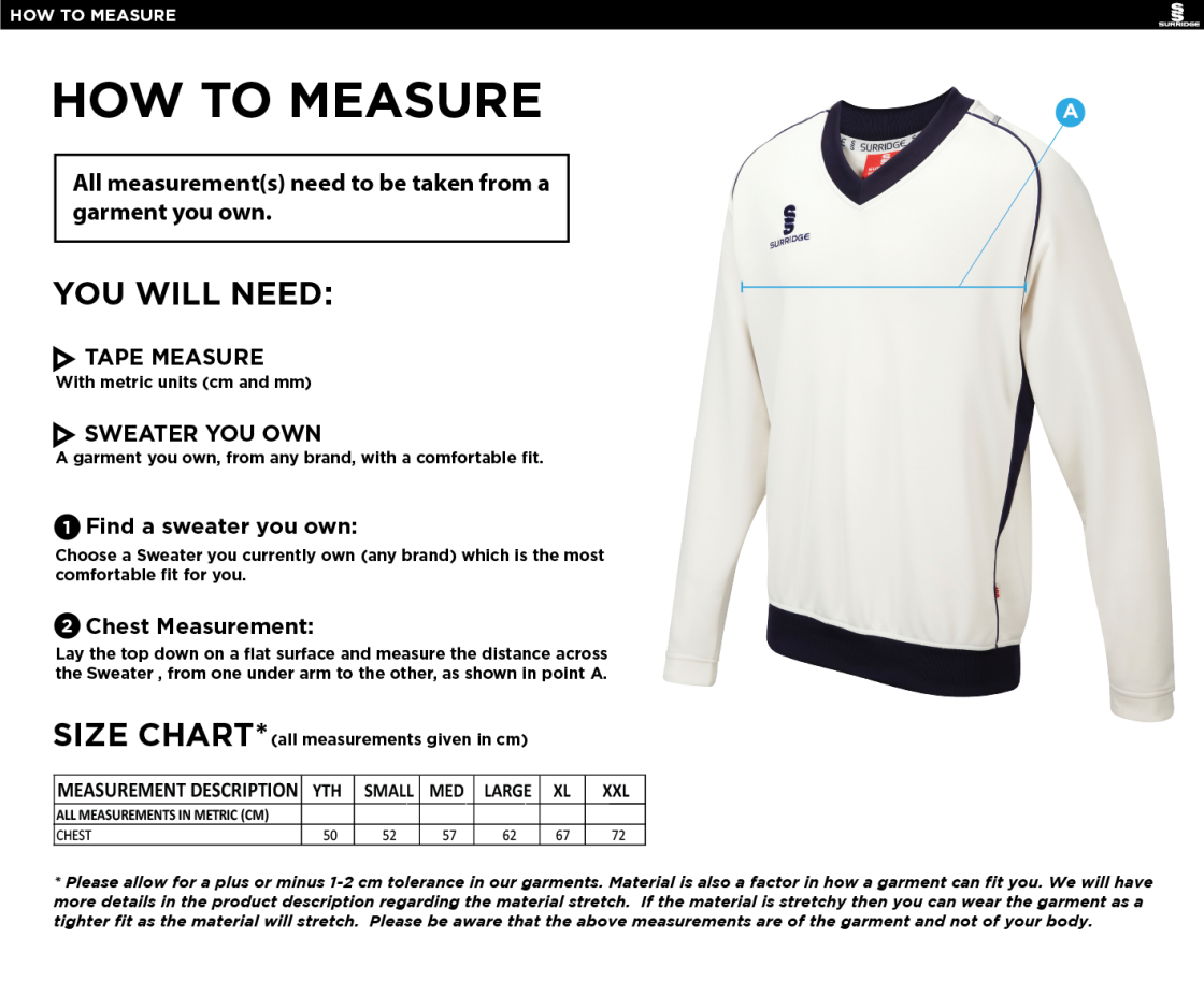 Kingsclere CC - Long Sleeve Sweater - Size Guide