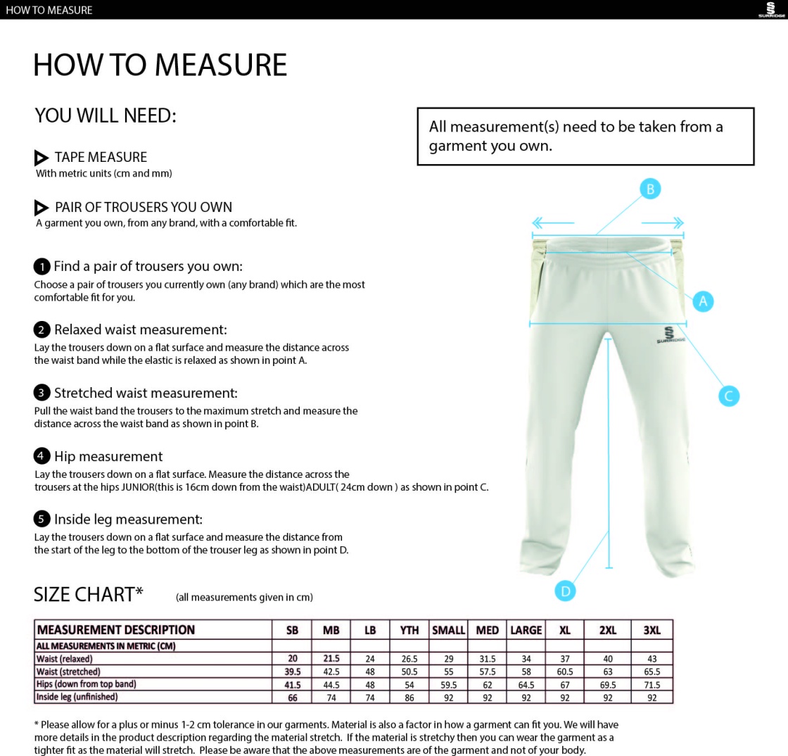 Kingsclere CC - Standard Playing Pant - Size Guide