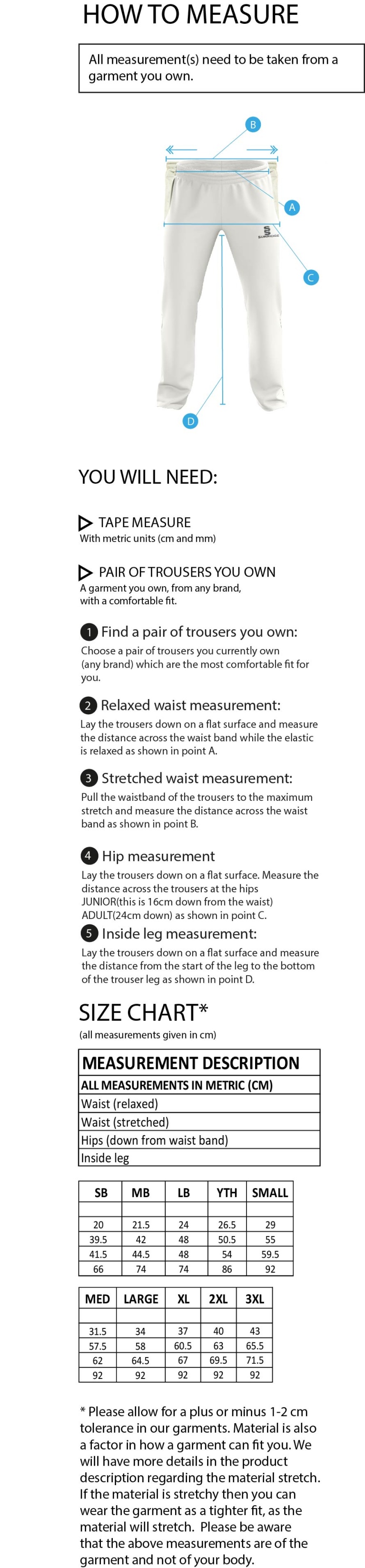 Kingsclere CC - Standard Playing Pant - Size Guide