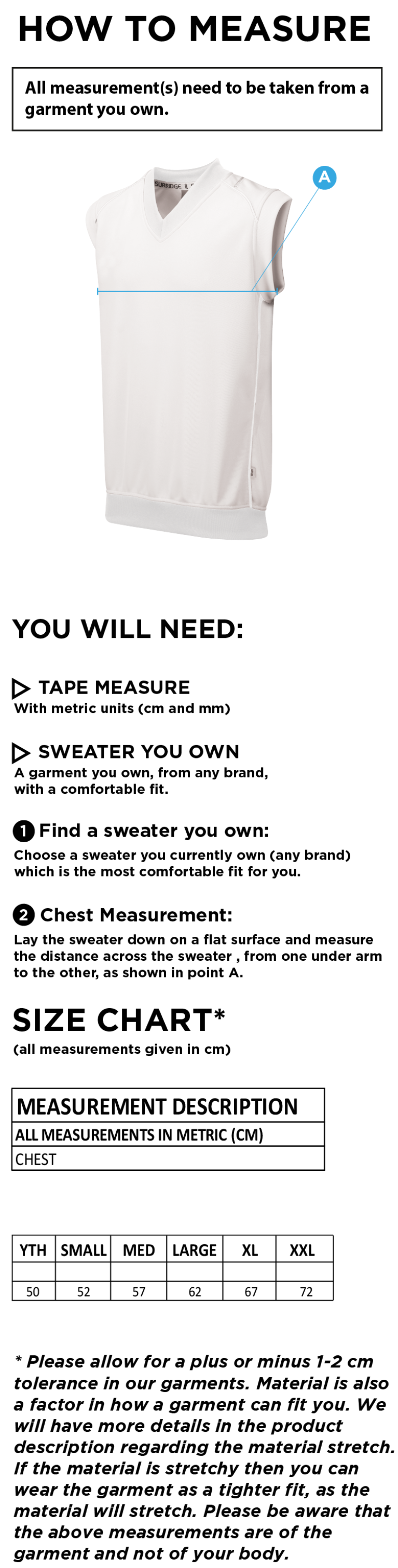 Kingsclere CC - Sleeveless Sweater - Size Guide