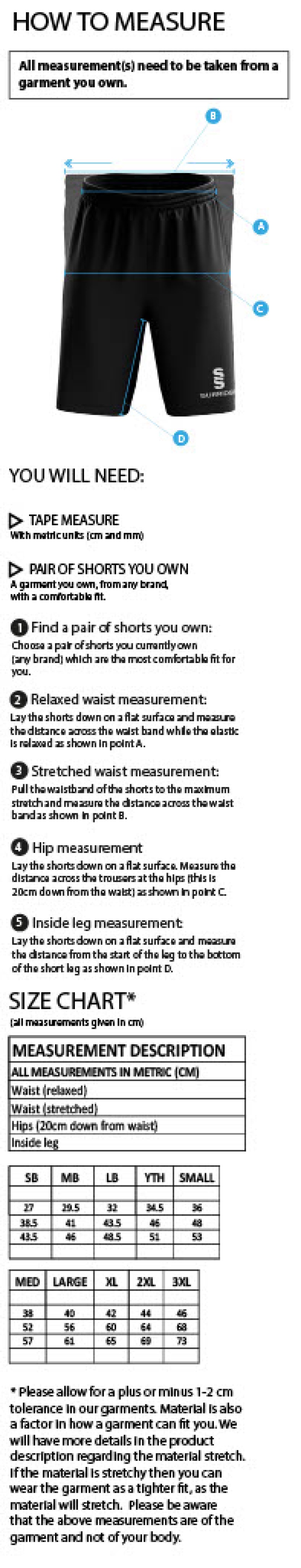 Kingsclere CC - Women's Ripstop Training Shorts - Size Guide