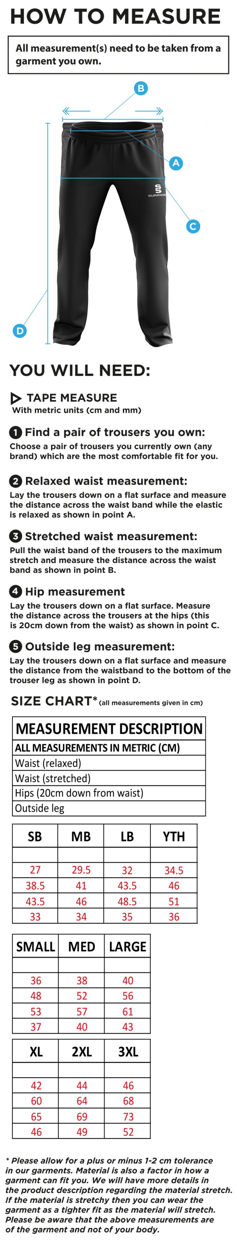 Kingsclere CC - Ripstop Tracksuit Pants - Size Guide