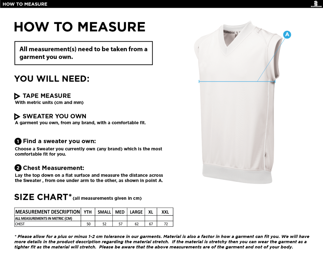 Kingsclere CC - Sleeveless Sweater - Size Guide