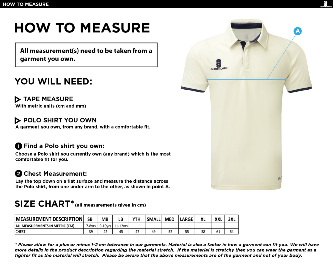 Kingsclere CC - Short Sleeve Tek Shirt - Size Guide