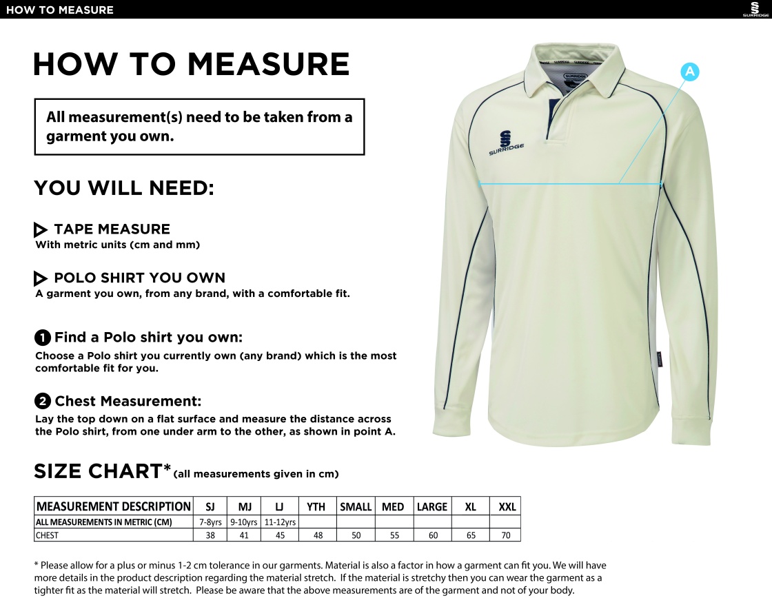 Kingsclere CC - Premier Long Sleeve Shirt - Size Guide