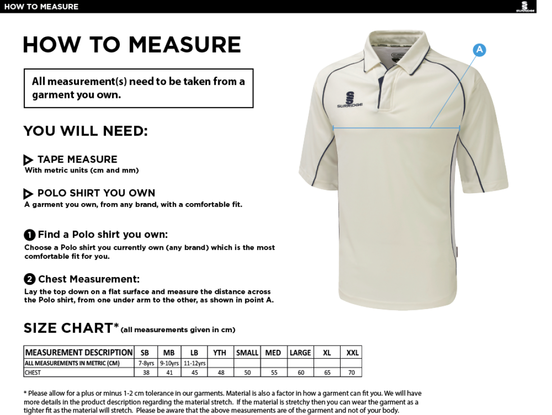 Kingsclere CC - 3/4 Premier Shirt - Size Guide