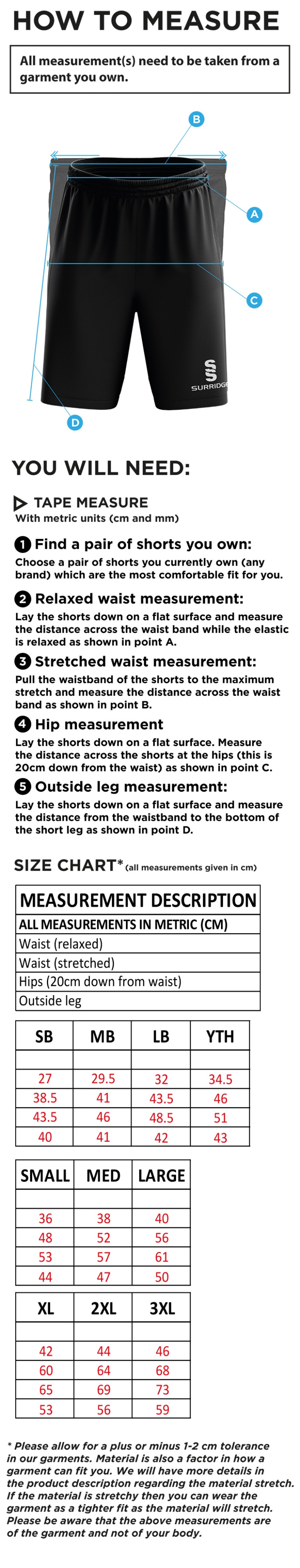 Kingsclere CC - Ripstop Training Shorts - Size Guide