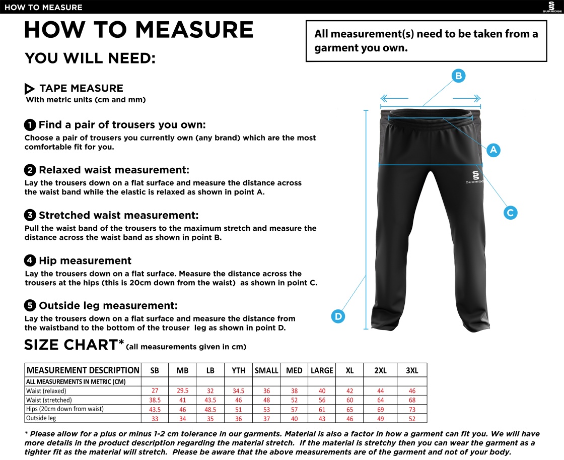 Kingsclere CC - Ripstop Tracksuit Pants - Size Guide