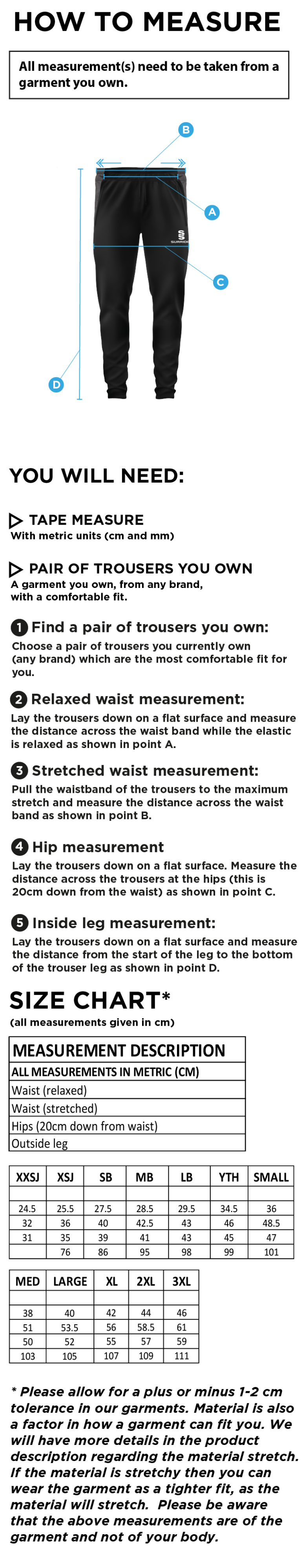 Kingsclere CC - Tek Skinny Pants - Size Guide