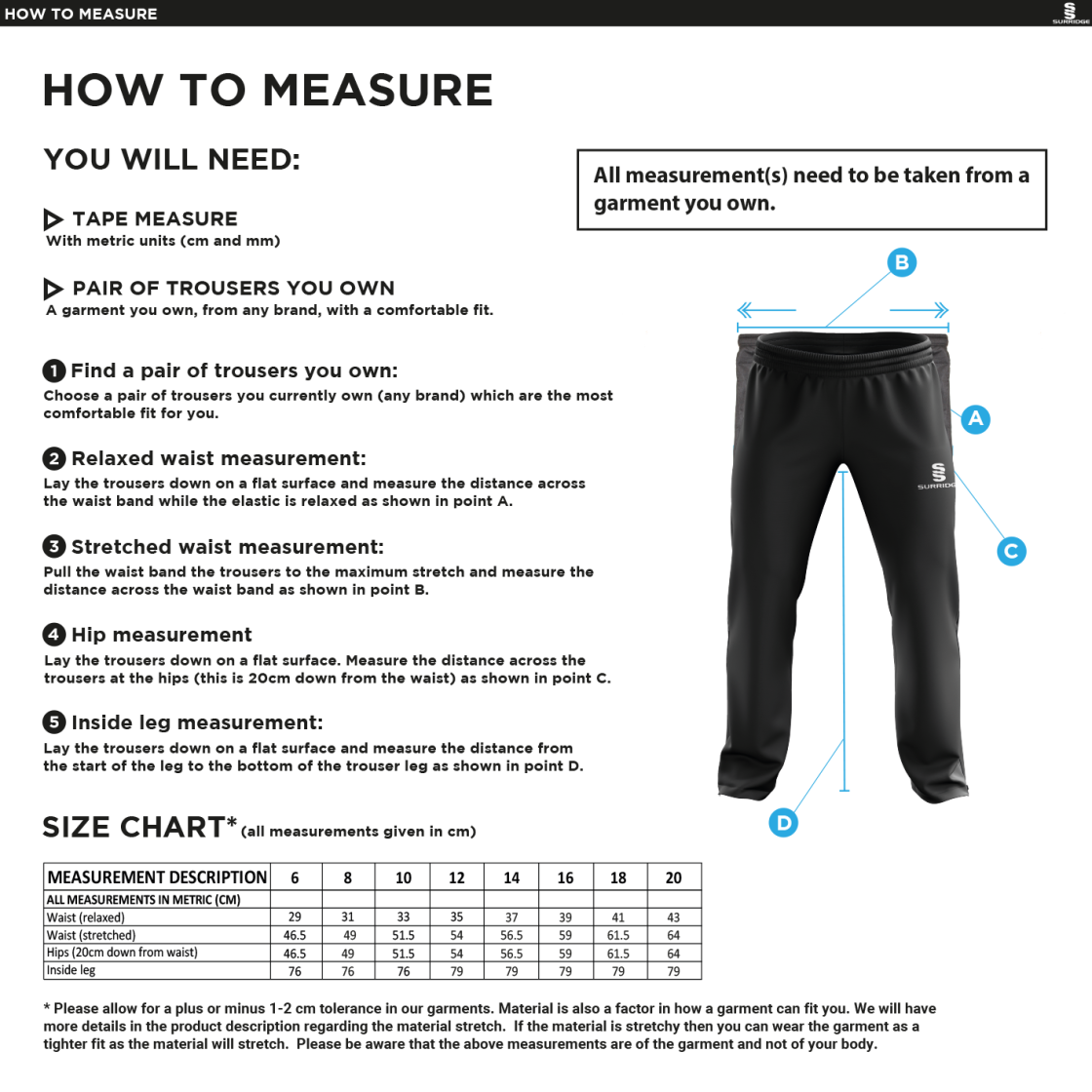 KINGSCLERE CC Classic Tracksuit Pant 3/4 Zip Length Navy Female - Size Guide
