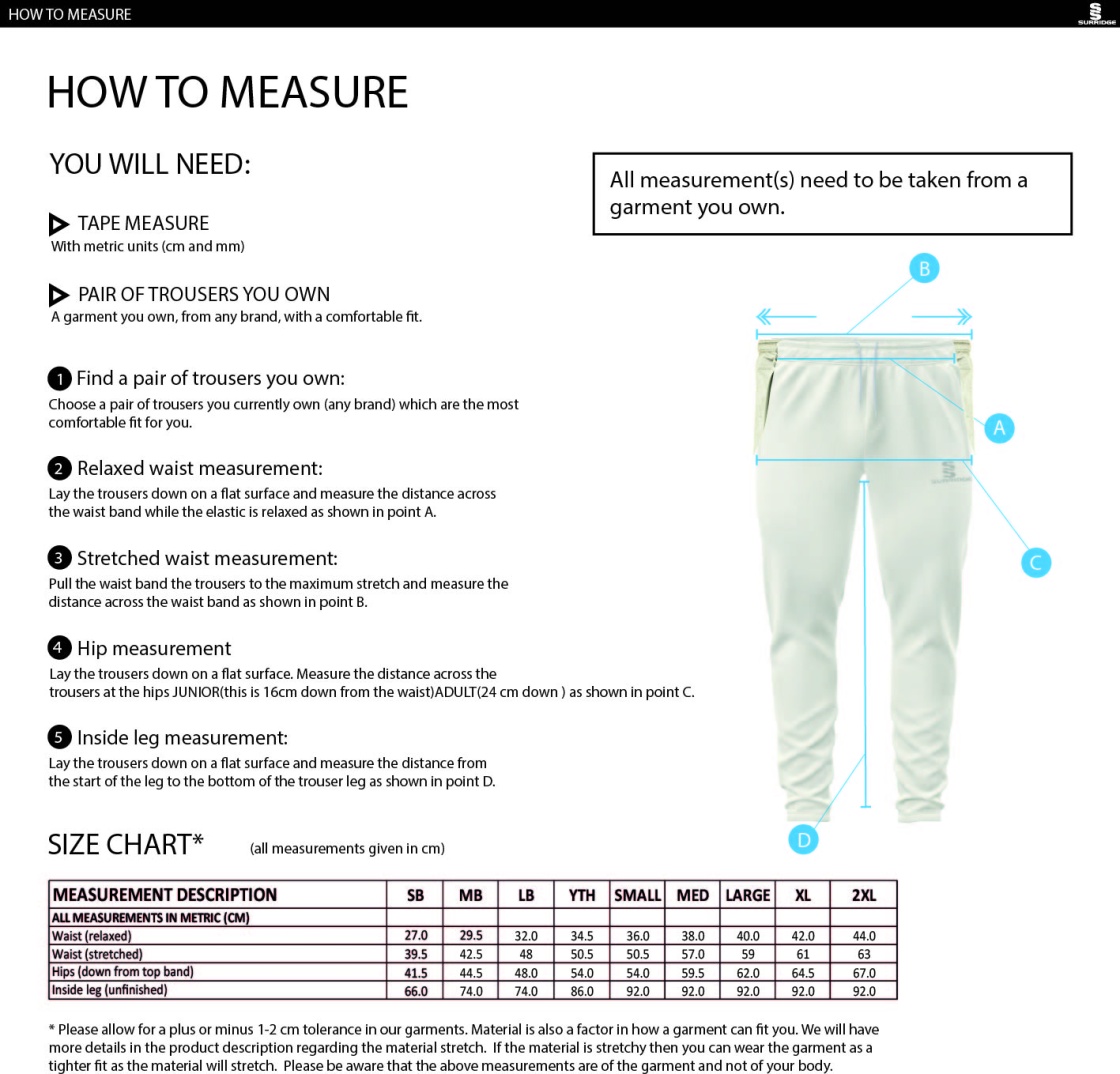 Kingsclere CC - Tek Playing Trousers - Size Guide