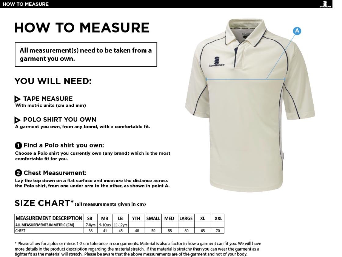 Kingsclere CC - 3/4 Premier Shirt - Size Guide