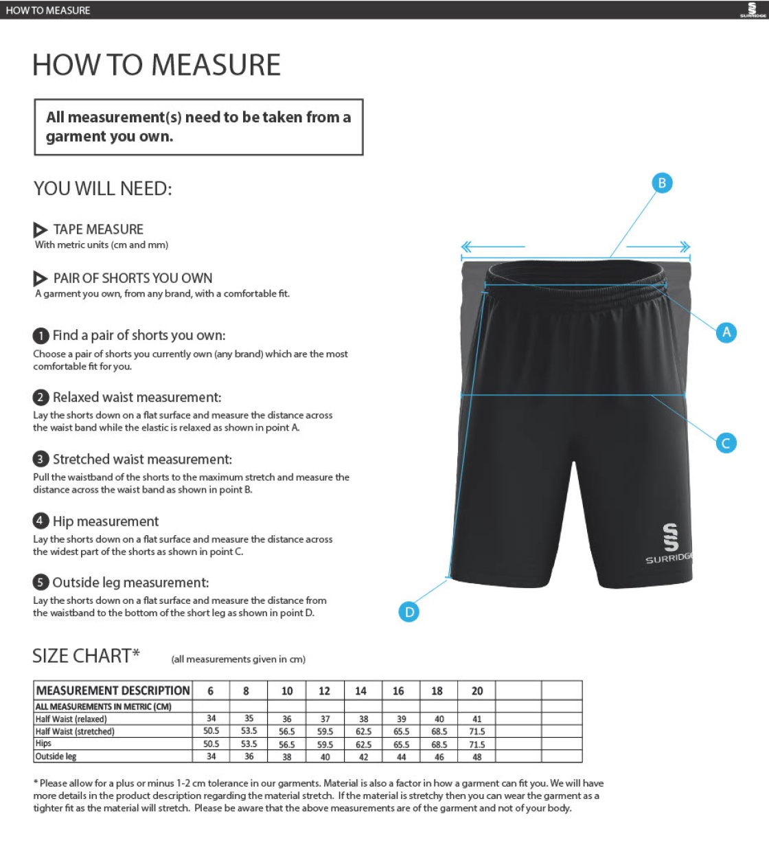 Kingsclere CC - Women's Ripstop Training Shorts - Size Guide