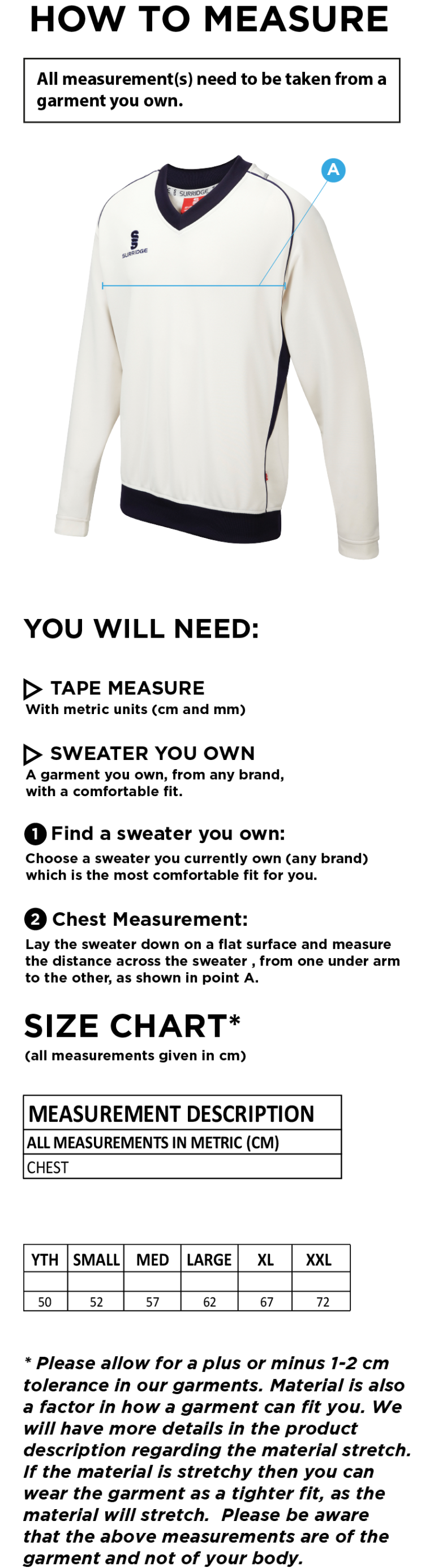 Kingsclere CC - Long Sleeve Sweater - Size Guide