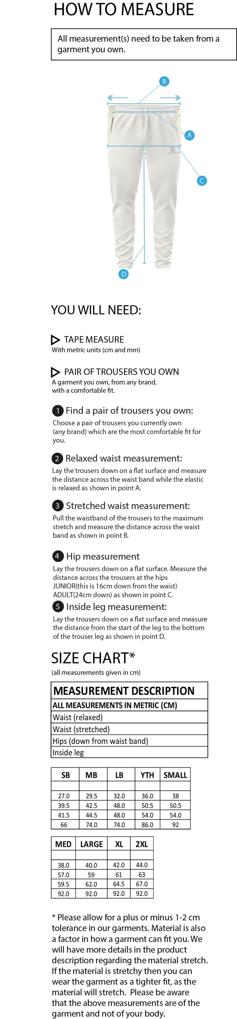 Kingsclere CC - Tek Playing Trousers - Size Guide