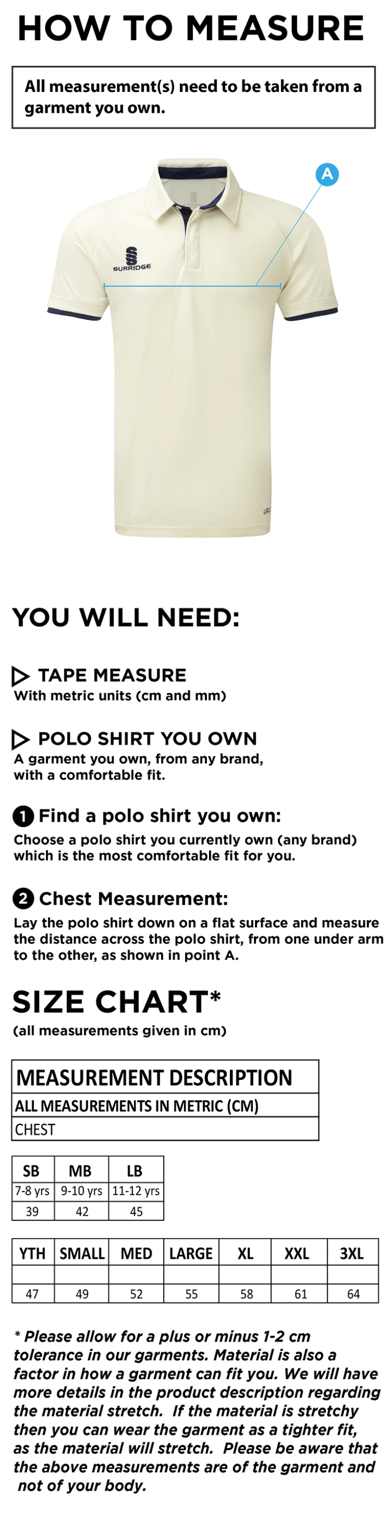 Kingsclere CC - Short Sleeve Tek Shirt - Size Guide