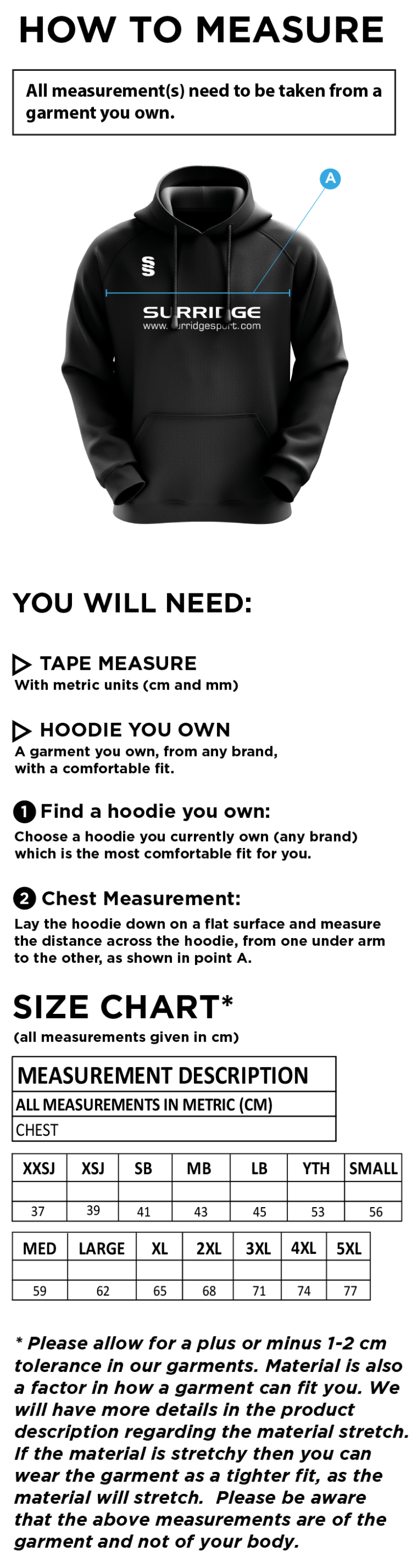 Kingsclere CC - Blade Hoody - Size Guide