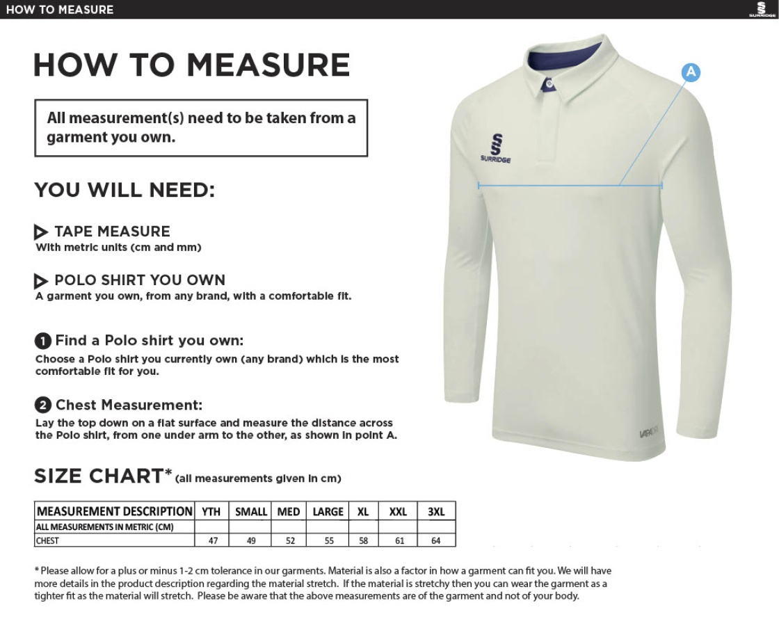 Kingsclere CC - Long Sleeved Tek Shirt - Size Guide
