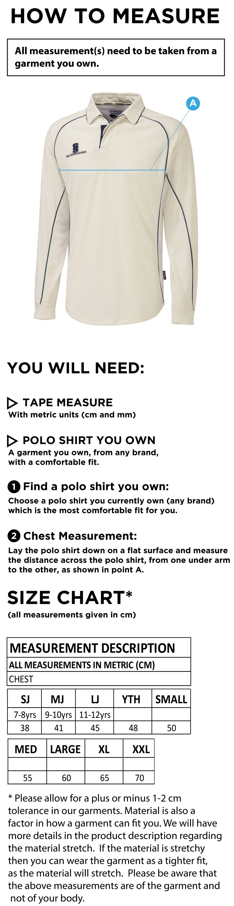 Kingsclere CC - Premier Long Sleeve Shirt - Size Guide